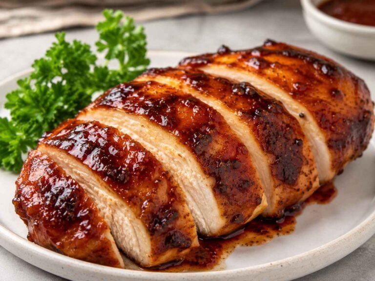Close-up of sliced Air Fryer BBQ chicken breast coated in a glossy barbecue sauce.