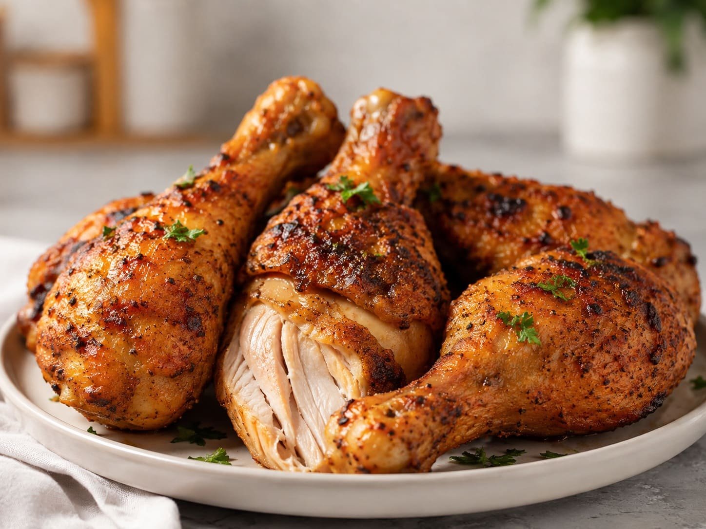 Crispy golden brown air fryer chicken legs arranged on a serving plate.