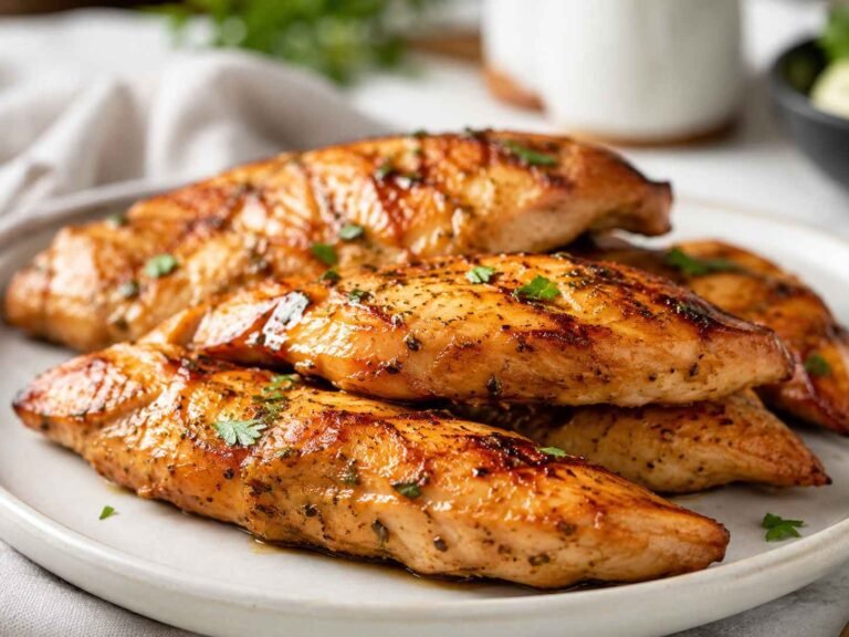 Close up of juicy, golden-brown marinated chicken tenderloins cooked in the air fryer.