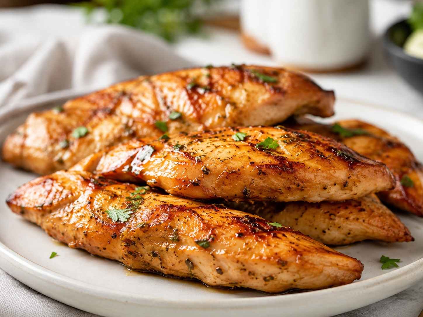 Close up of juicy, golden-brown marinated chicken tenderloins cooked in the air fryer.