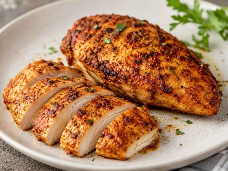 Close-up of an air-fried chicken breast coated in a colorful seasoning blend.
