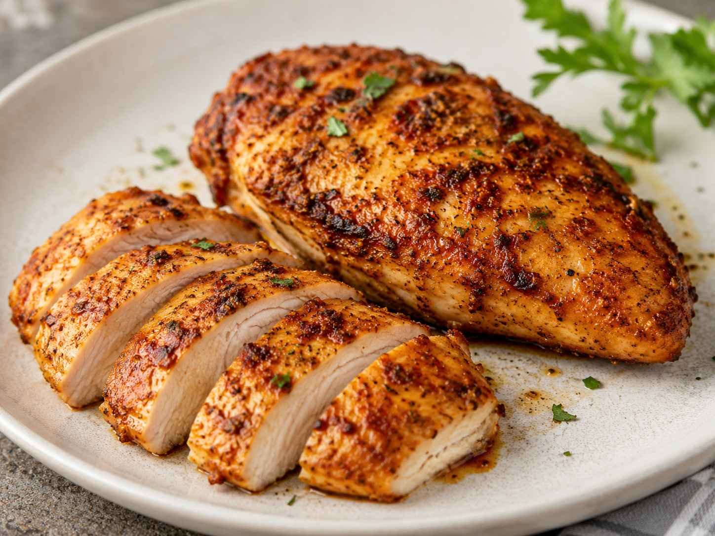 Close-up of an air-fried chicken breast coated in a colorful seasoning blend.