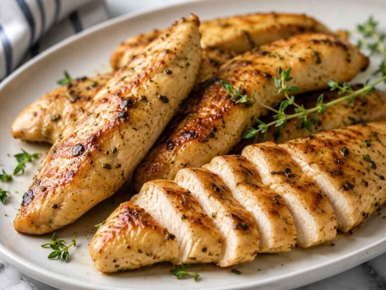 Close up of juicy, seasoned chicken tenderloins on a plate with visible herbs.