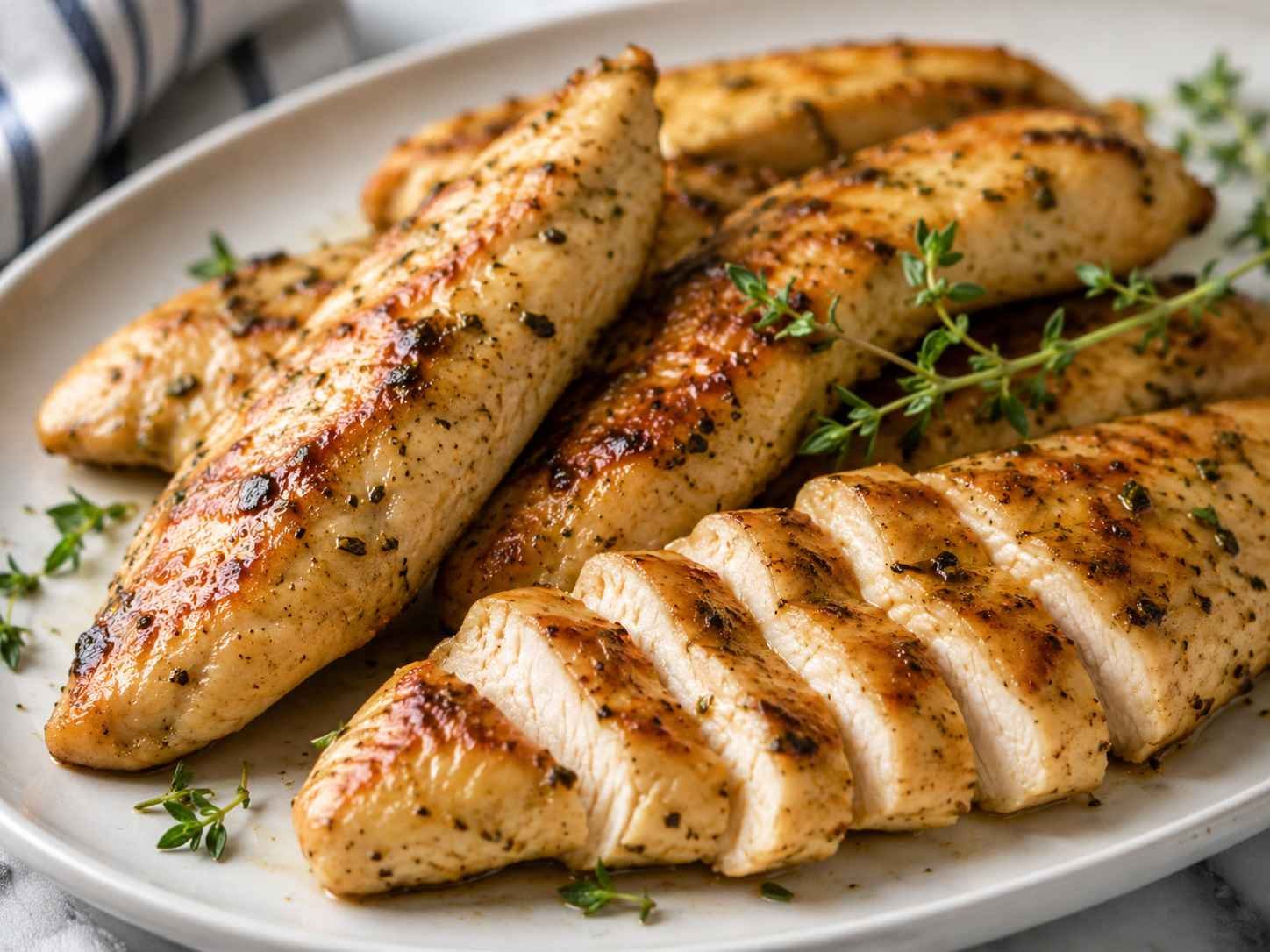 Close up of juicy, seasoned chicken tenderloins on a plate with visible herbs.