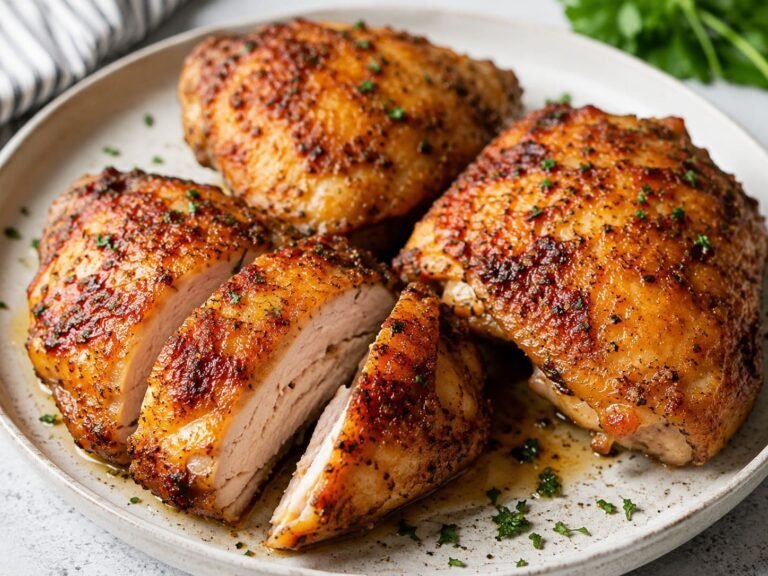 Close up of crispy and golden brown air fryer chicken thighs on a plate.