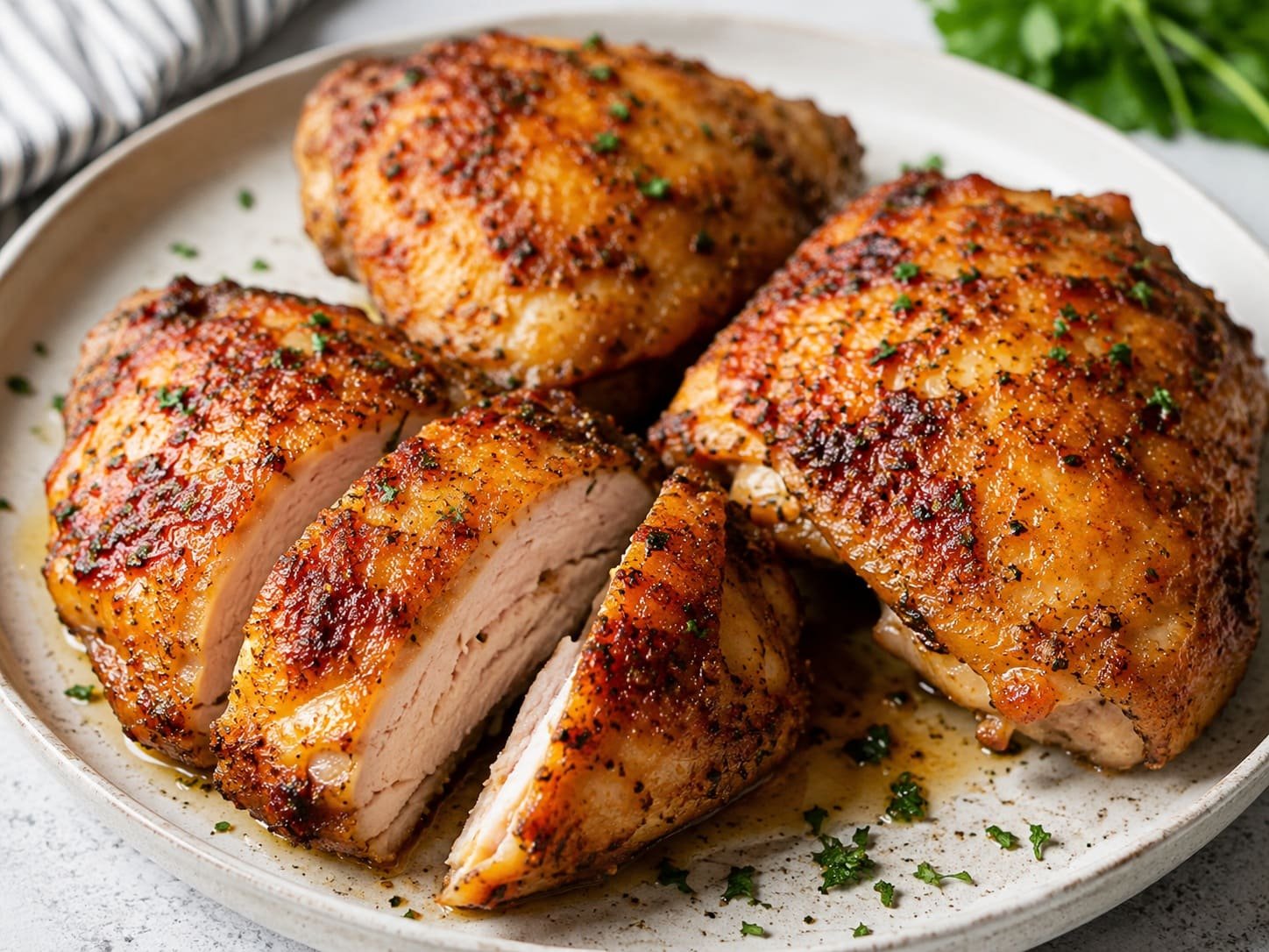 Close up of crispy and golden brown air fryer chicken thighs on a plate.