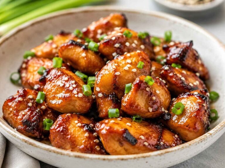 Close-up of glossy Air Fryer Teriyaki Chicken bites garnished with sesame seeds and chopped green onions.