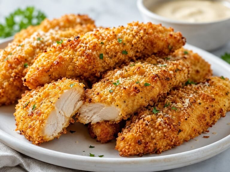 Golden and crispy air fryer chicken tenders on a plate.