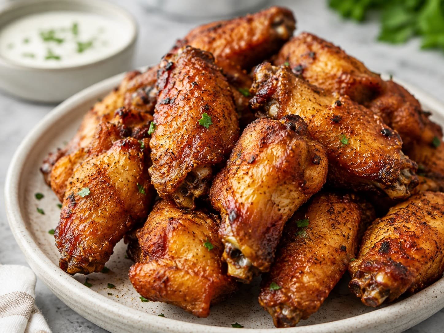 Crispy golden-brown Air Fryer Chicken Wings piled on a plate.