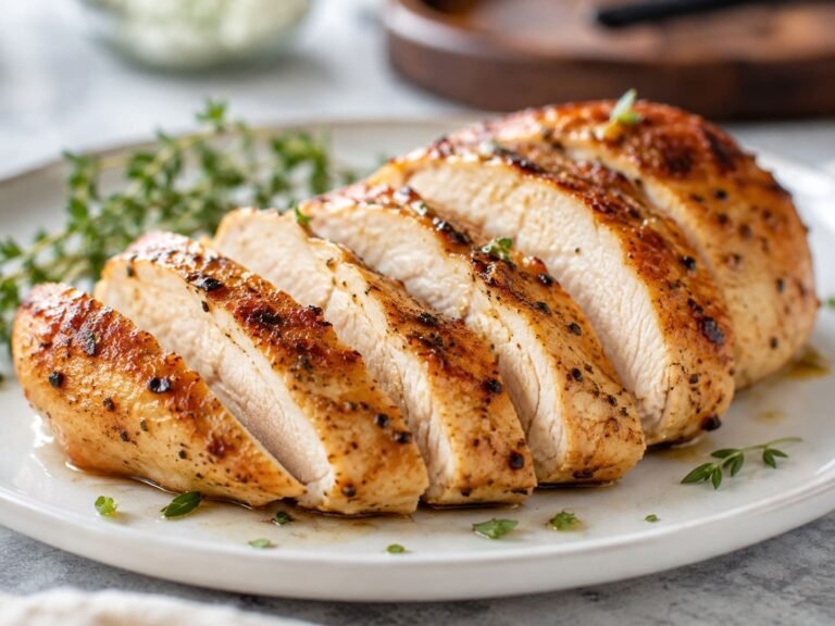 Juicy air fryer chicken breast sliced on a plate with a golden-brown seasoned exterior.