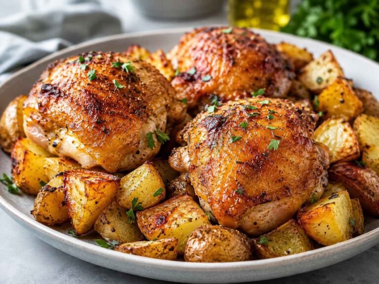Crispy bone-in chicken thighs and tender roasted potatoes cooked in the air fryer.