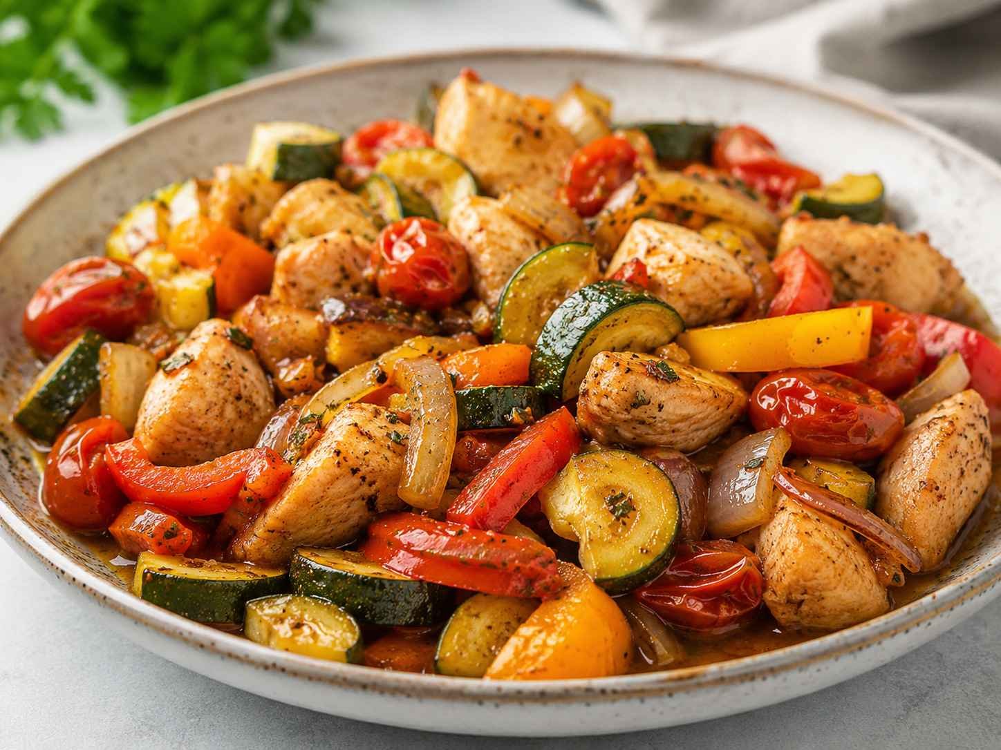 juicy air fryer chicken cubes mixed with roasted zucchini, peppers, and cherry tomatoes in a natural sauce.