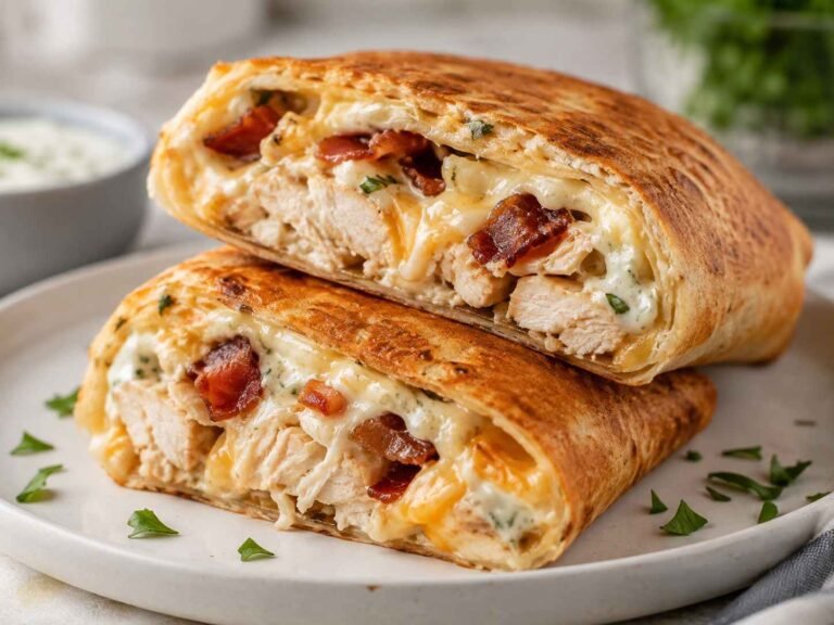 golden brown Air Fryer Chicken Wraps cut in half showing melted cheese, chicken, and bacon inside.