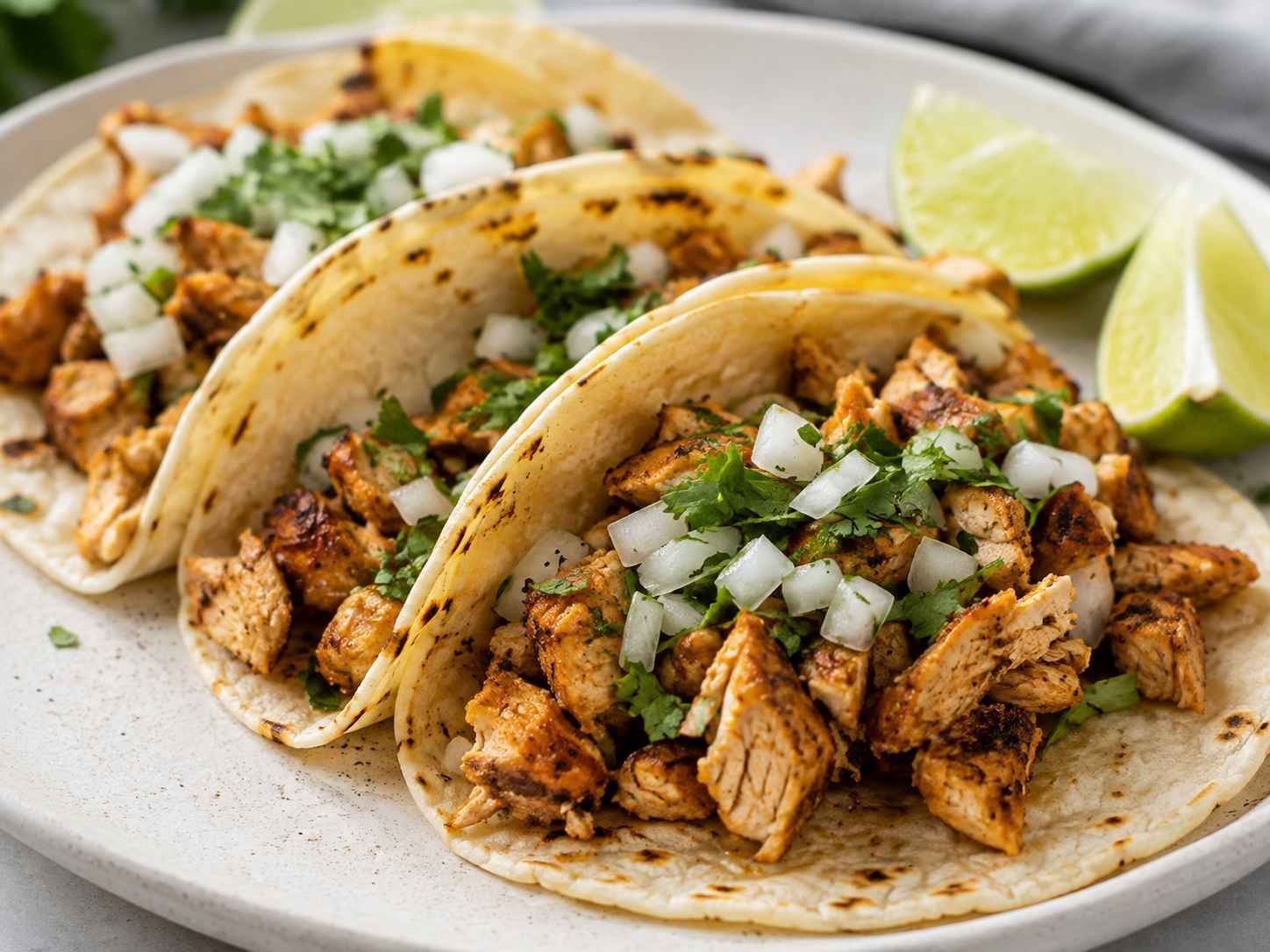 Air Fryer Chicken Tacos in tortillas topped with cilantro and onions