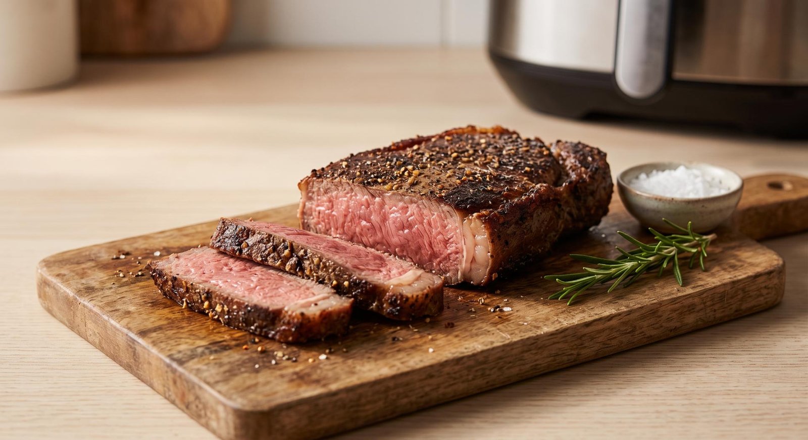 A sliced, medium-rare boneless New York strip steak with a seasoned crust resting on a cutting board.