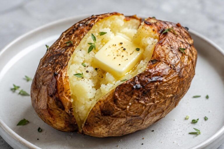 A hot air fryer baked potato split open with a melting pat of butter on a neutral plate.
