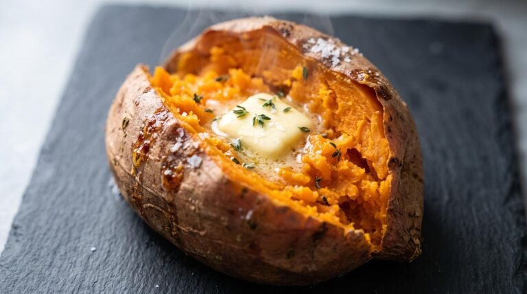 Two whole baked sweet potatoes with tender skins, split open to reveal a soft, deep golden-orange inside, sitting on a neutral plate.