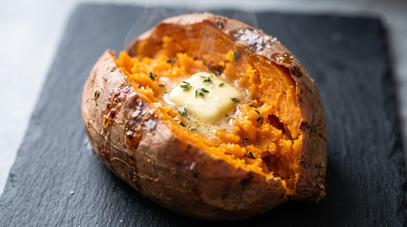 Two whole baked sweet potatoes with tender skins, split open to reveal a soft, deep golden-orange inside, sitting on a neutral plate.