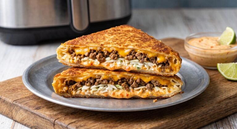 A golden-brown, crispy folded tortilla triangle resting on a plate, cut in half to show thick layers of seasoned ground beef, melted cheddar cheese, shredded slaw, and creamy sauce inside.