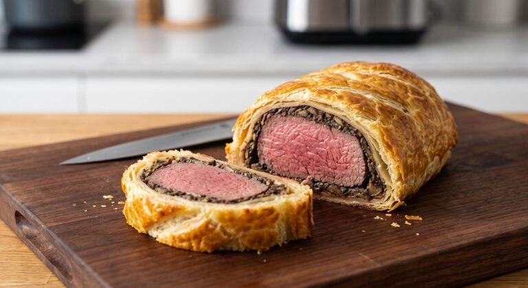 A freshly sliced Air Fryer Beef Wellington on a wooden cutting board, showing a golden brown puff pastry crust, a savory mushroom layer, and a juicy beef center.