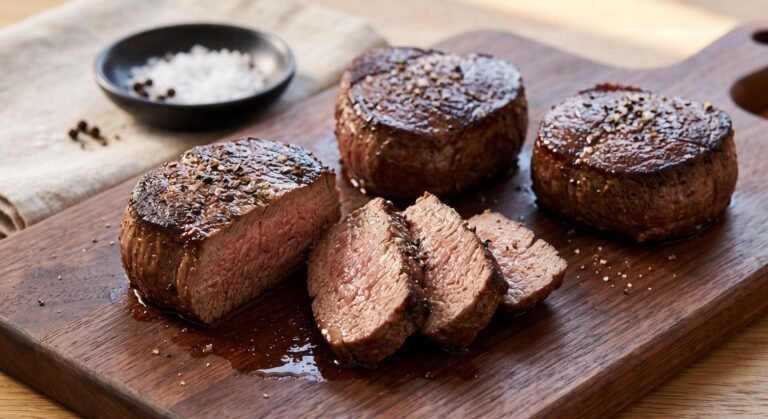 Sliced air fryer filet mignon on a cutting board showing a juicy center.