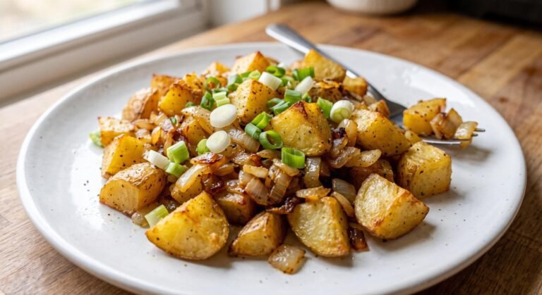 Golden brown roasted potato chunks and caramelized chopped onions garnished with freshly sliced green onions on a white plate.
