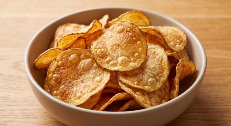 A close-up shot of crispy, golden-brown Air Fryer Potato Chips with curled edges and small bubbles, served in a neutral bowl on a wooden table.