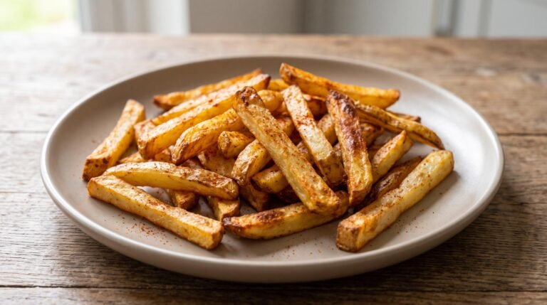 Crispy golden-brown air fryer potato fries coated in smoked paprika seasoning, served on a neutral plate.