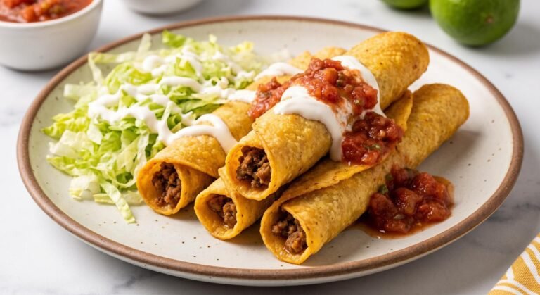 Golden, crispy air fryer ground beef tacos served on a plate and topped with shredded lettuce, crema, and homemade salsa.
