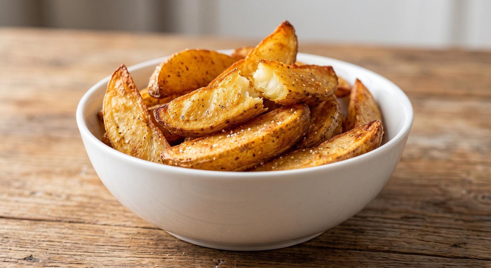 A serving of golden-brown air fryer potato wedges on a neutral plate, showcasing their crispy edges and seasoning.