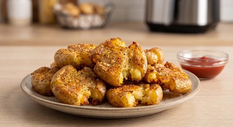 Crispy golden brown air fryer smashed potatoes seasoned with spices on a plate.