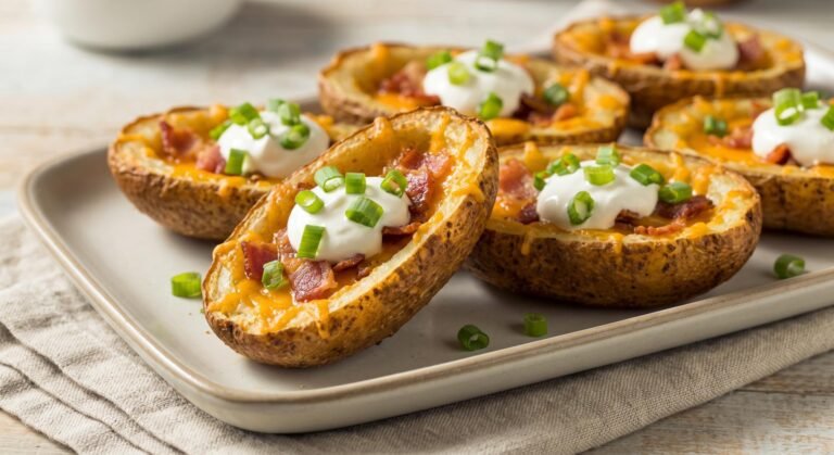 Crispy golden air fryer potato skins loaded with melted cheese, bacon pieces, sour cream, and chopped green onions on a serving plate.