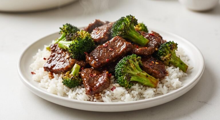 A plate of Air Fryer Beef and Broccoli coated in a rich, dark sauce, served over a bed of white rice.