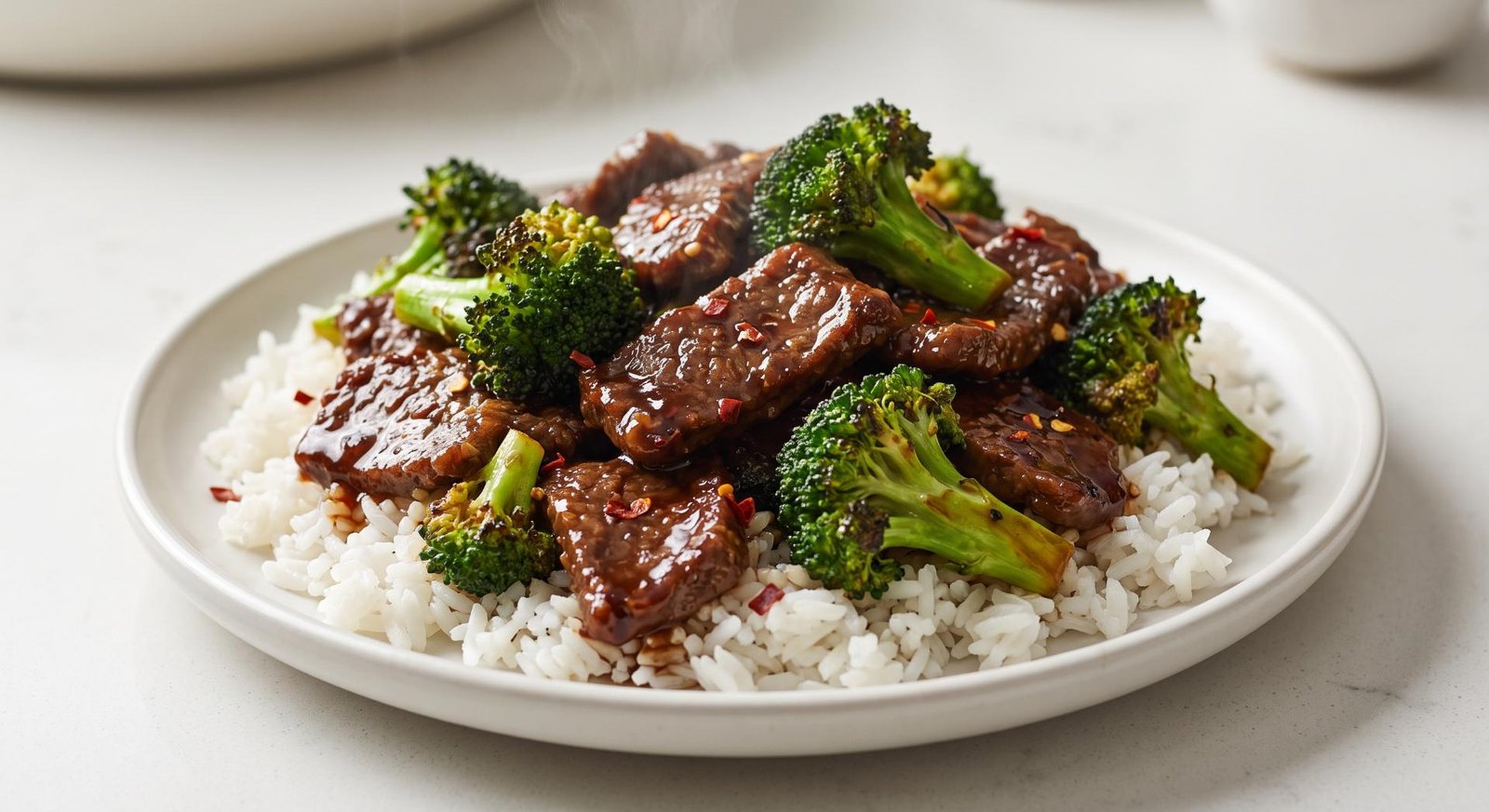 A plate of Air Fryer Beef and Broccoli coated in a rich, dark sauce, served over a bed of white rice.