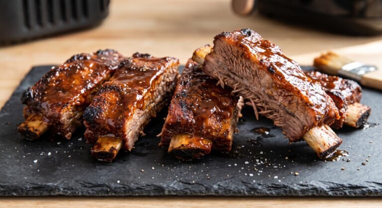 Sliced beef ribs with a visible savory spice rub and a glossy coating of sweet barbecue sauce.