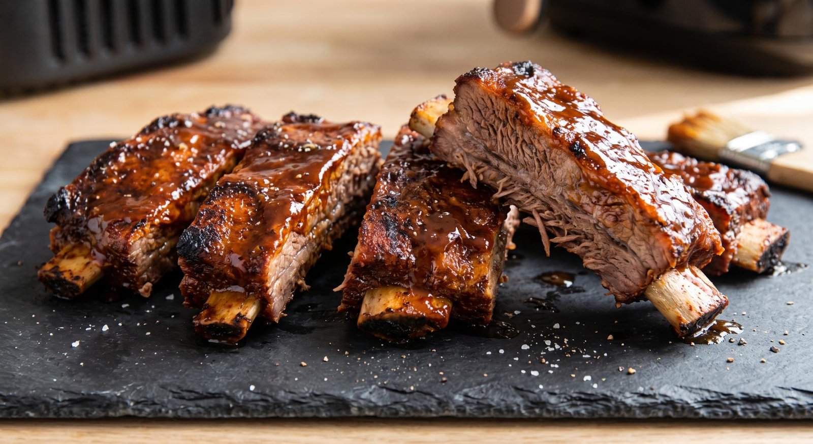 Sliced beef ribs with a visible savory spice rub and a glossy coating of sweet barbecue sauce.