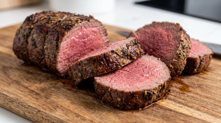 Slices of perfectly cooked medium-rare beef tenderloin with a garlic and herb crust resting on a cutting board.