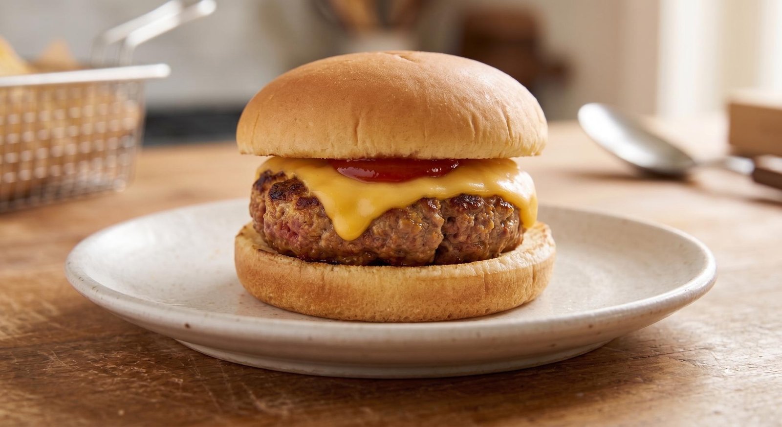 A juicy air fryer burger patty topped with melted American cheese and a dab of ketchup, served patty-melt style between two slices of soft white bread.