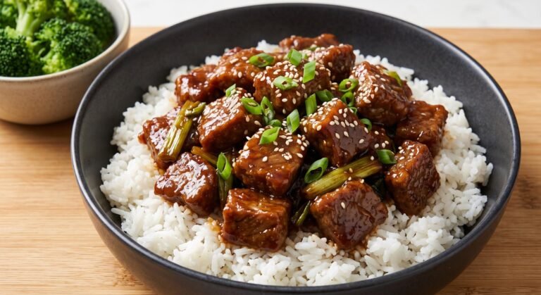 Sticky, tender air fryer Mongolian beef served over a bed of white rice, garnished with green onions and sesame seeds, next to steamed broccoli.