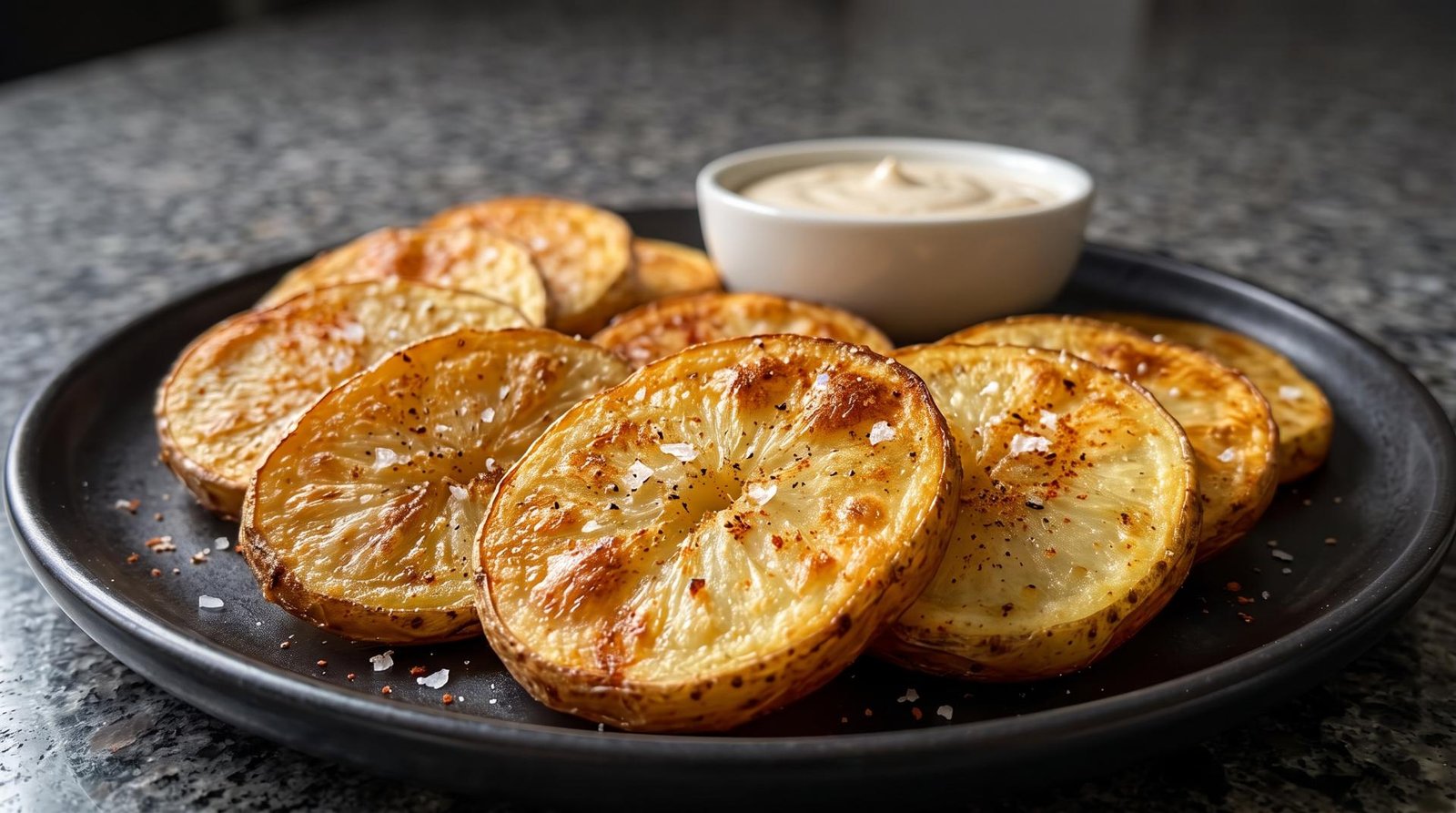 Golden brown air fryer potato slices dusted with savory spices, served on a plate with dipping sauce.