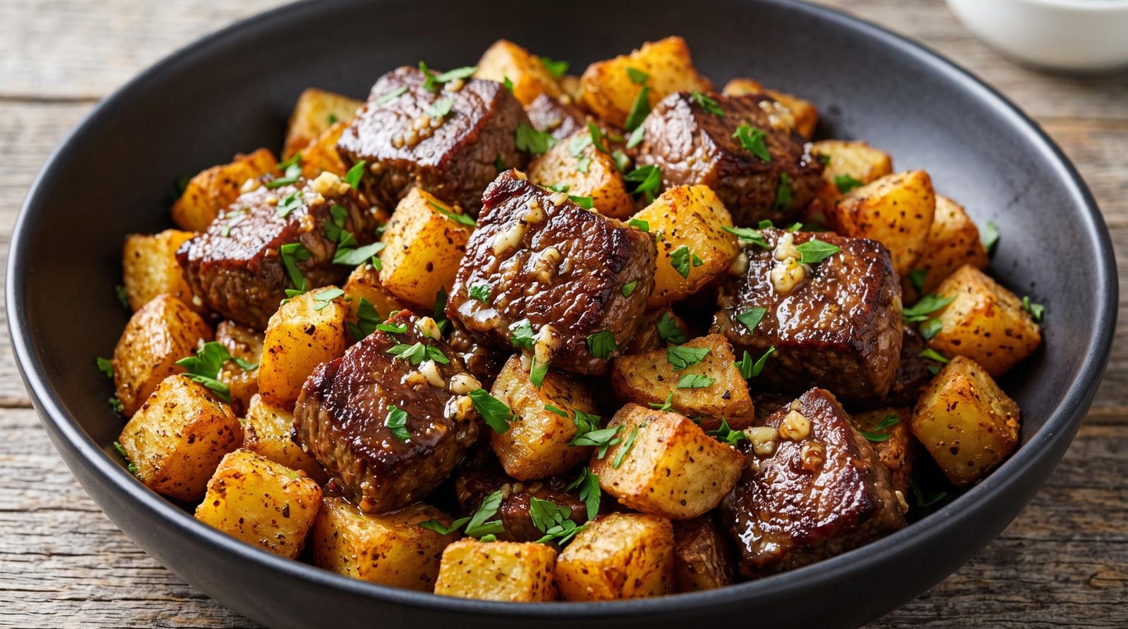 Close-up of juicy air fryer steak bites and crispy seasoned potatoes tossed in a rich garlic butter sauce with fresh chopped parsley, served in a large bowl.