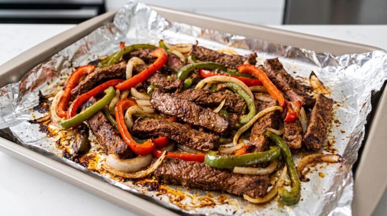 Air fryer steak fajitas with sliced sirloin, red and green bell peppers, and white onions cooking on a sheet of aluminum foil.