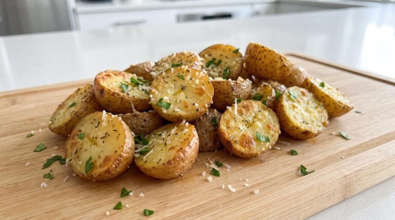 Halved baby potatoes roasted with a golden herb and Parmesan cheese coating.