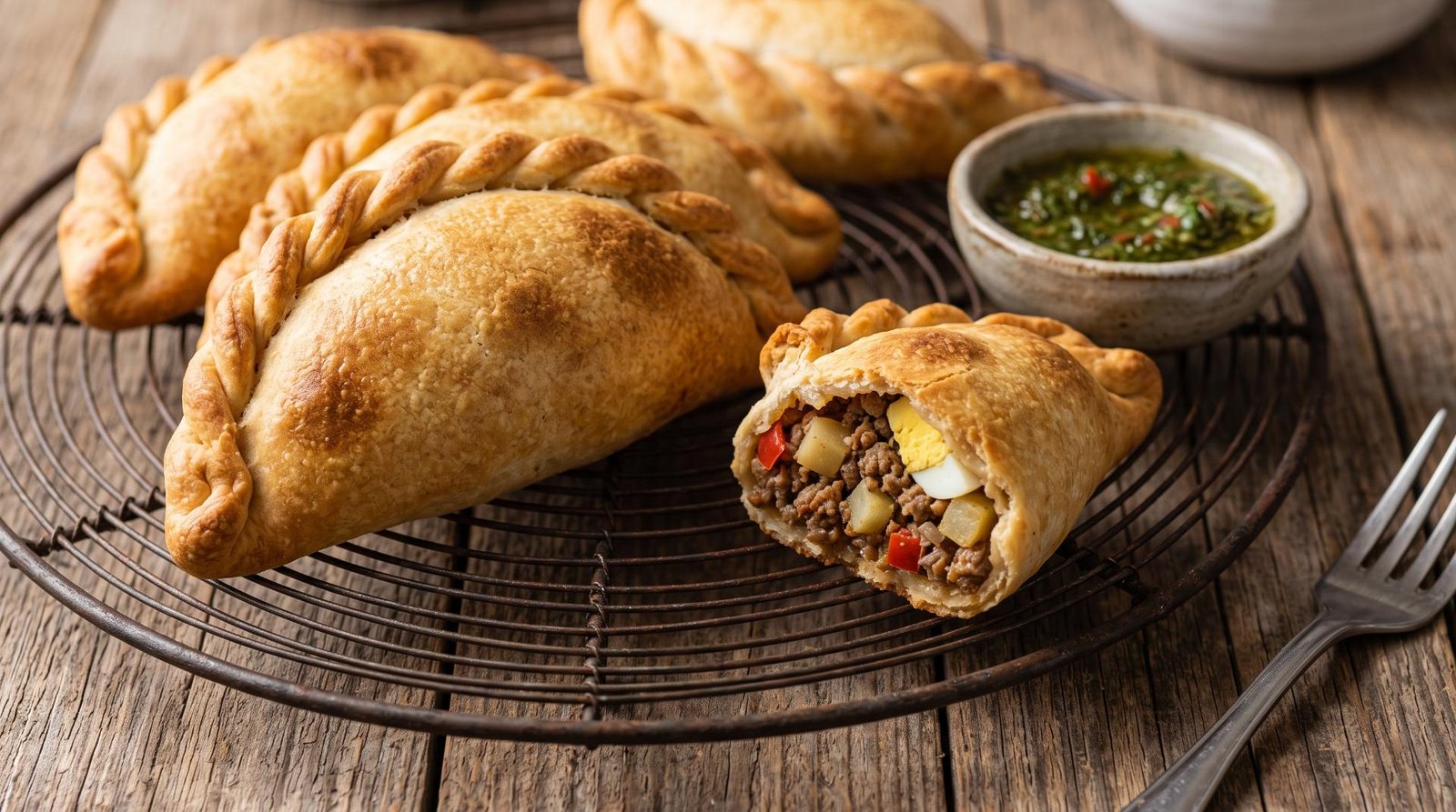 Golden brown air fryer beef empanadas with a braided folded crust, resting on a wire rack next to a small dish of chimichurri sauce.