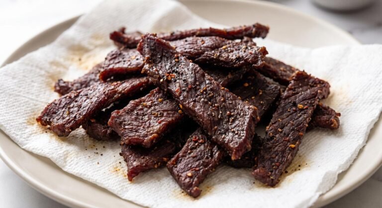Strips of tender, seasoned homemade air fryer beef jerky resting on a paper towel-lined surface.