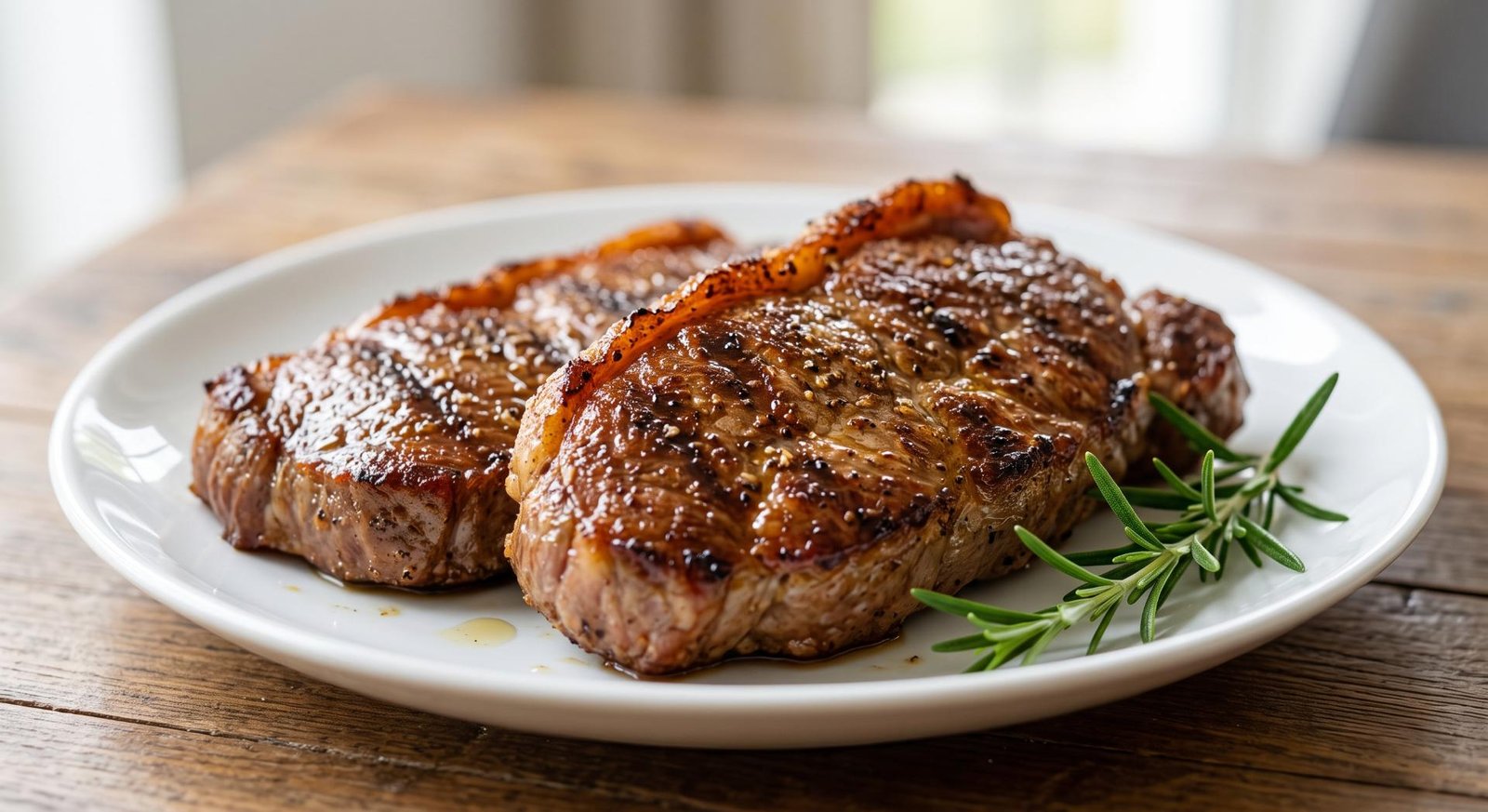 Two juicy, cooked air fryer sirloin steaks seasoned with salt and pepper, resting on a white plate.