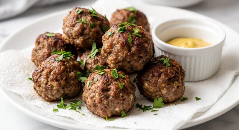 Homemade browned air fryer meatballs garnished with fresh chopped parsley, resting on a paper towel-lined plate.