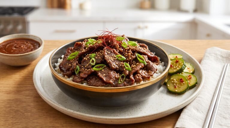 Thinly sliced air fryer beef bulgogi topped with sesame seeds, served in a dark bowl over white rice alongside sliced cucumbers and a rich dipping sauce.
