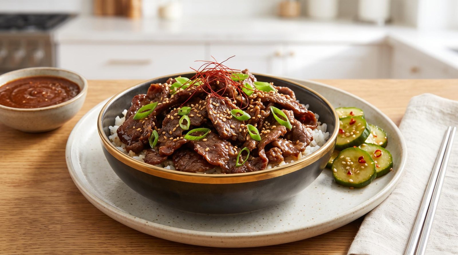 Thinly sliced air fryer beef bulgogi topped with sesame seeds, served in a dark bowl over white rice alongside sliced cucumbers and a rich dipping sauce.