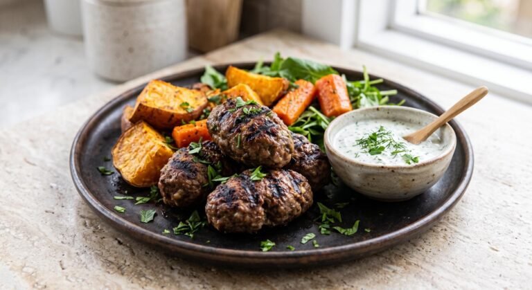 A plate of freshly cooked air fryer beef koftas next to roasted kumara and carrot chunks, served with a small bowl of herby yogurt sauce and fresh greens.